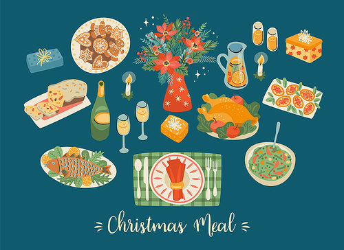 Vector set of Christmas meal. Trendy retro style. Design elements.