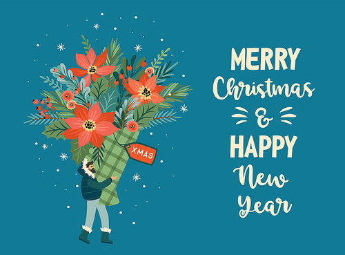 Christmas and Happy New Year illustration of Christmas bouquet. Trendy retro style. Vector design template.