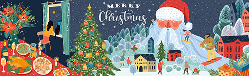 Set of Christmas and Happy New Year illustrations. Trendy retro style. Vector design banner.