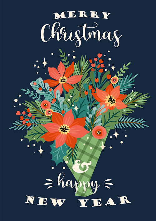 Christmas and Happy New Year illustration of Christmas bouquet. Trendy retro style. Vector design template.