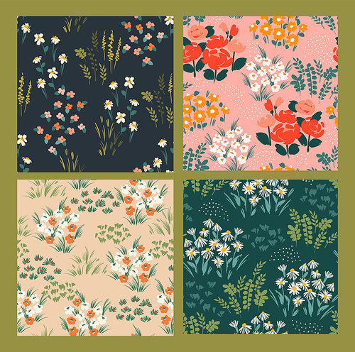 Floral abstract seamless patterns.
