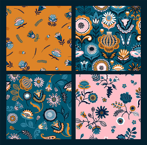 Set of Folk floral seamless patterns. Modern abstract design for paper, cover, fabric, pacing and other users
