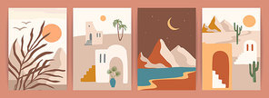 Collection of contemporary art prints with southern landscape. Mediterranean, North Africa. Modern vector design for posters, cards, packaging and more
