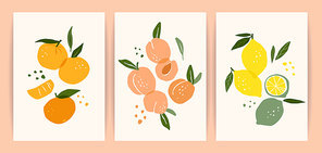 Collection of contemporary art prints. Abstract fruits. Oranges, pears and lemons. Modern design for posters, cards, packaging and more