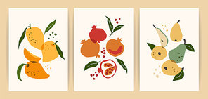 Collection of contemporary art prints. Abstract fruits. Mango, pomegranate and pear. Modern design for posters, cards, packaging and more