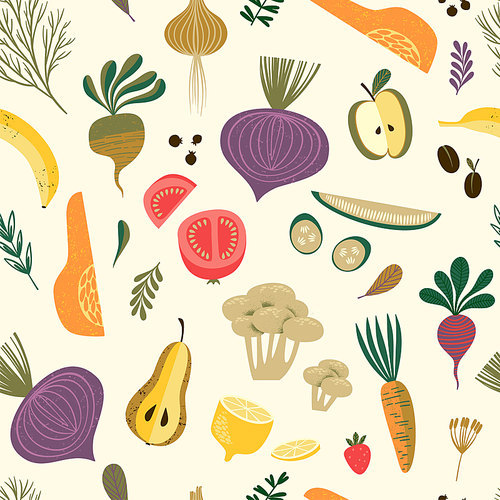 Vector seamless pattern with vegetables and fruit. Elements for design
