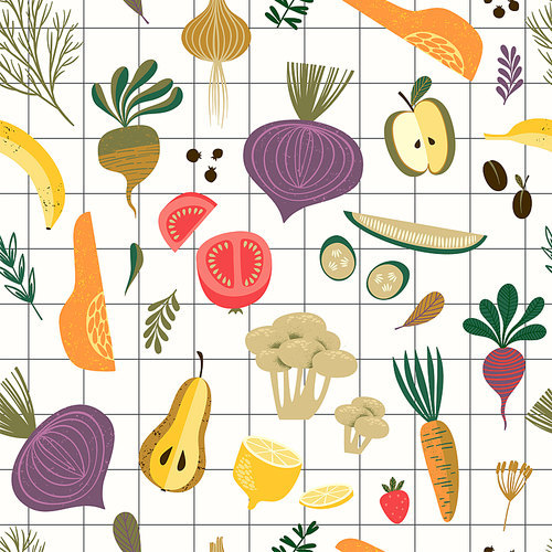 Vector seamless pattern with vegetables and fruit. Elements for design