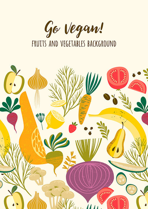 Vector template with vegetables and fruit. Vegan concept. Elements for design for cover, card, poster, flyer, label and other users.