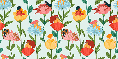 Seamless pattern with women sitting in flowers. Concept for International Women s Day and other use. Vector template