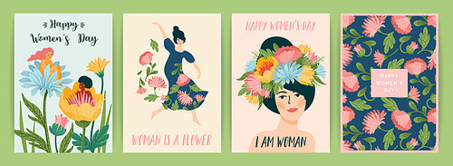 International Women s Day. Set of vector templates with cute women and flowers for card, poster, flyer and other users