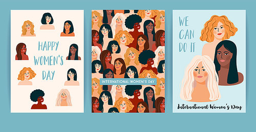 International Women s Day. Set of vector templates with women different nationalities and cultures. Struggle for freedom, independence, equality.