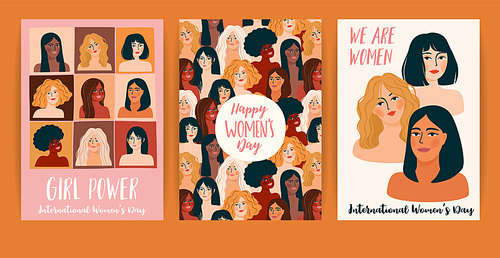 International Women s Day. Set of vector templates with women different nationalities and cultures. Struggle for freedom, independence, equality.