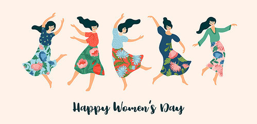 Vector illustration of cute dancing women. International Women s Day concept for card, poster, banner and other users