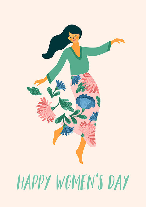 International Women s Day. Vector template with dancing woman and flowers for card, poster, flyer and other users