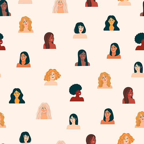 International Womens Day. Vector seamless pattern with women different nationalities and cultures. Struggle for freedom, independence, equality.