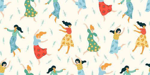 Vector seamless pattern with cute dancing women. Concept for International Women s Day and other use.