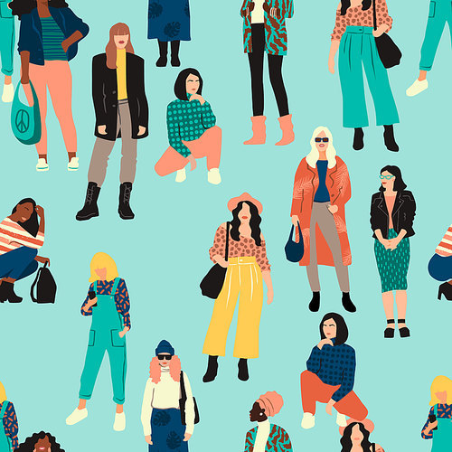 Vector seamless pattern with abstract women with different skin colors. International Womens Day. Struggle for freedom, independence, equality. Lifestyle, street fashion.