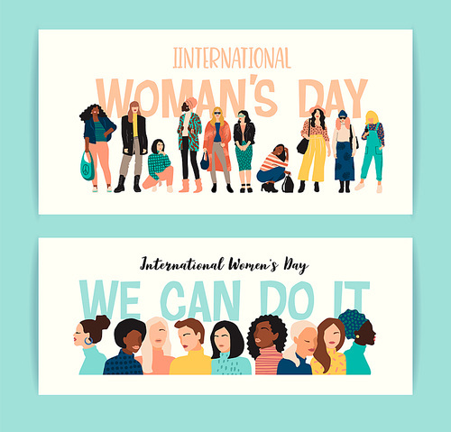 International Womens Day. Vector illustration of abstract women with different skin colors. Struggle for freedom, independence, equality. Lifestyle, street fashion.