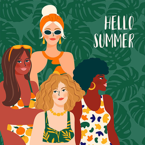 Vector illustration of woman in bright swimsuit. Young girls with different skin colors. Design for summer concept and other use.