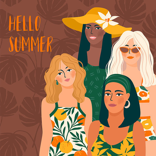 Vector illustration of woman in bright swimsuit. Young girls with different skin colors. Design for summer concept and other use.