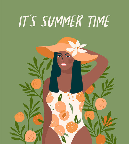 Vector illustration of woman in bright swimsuit. Design for summer concept and other use.