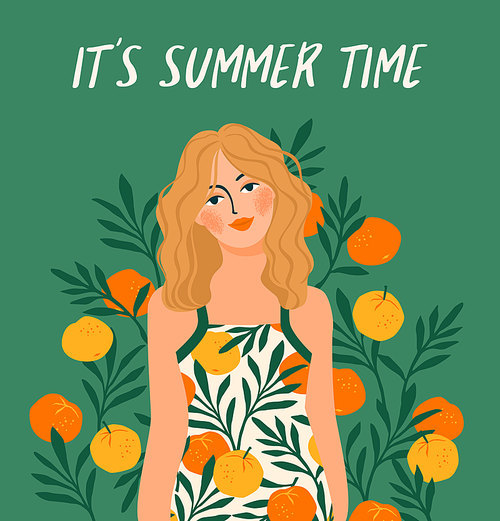 Vector illustration of woman in bright swimsuit. Design for summer concept and other use.