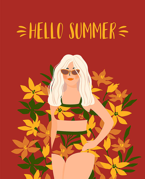 Vector illustration of woman in bright swimsuit. Design for summer concept and other use.