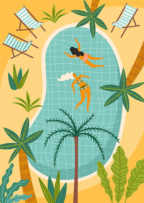 Vector illustration of tropical beach and swimming pool. Design element for summer concept and other use.