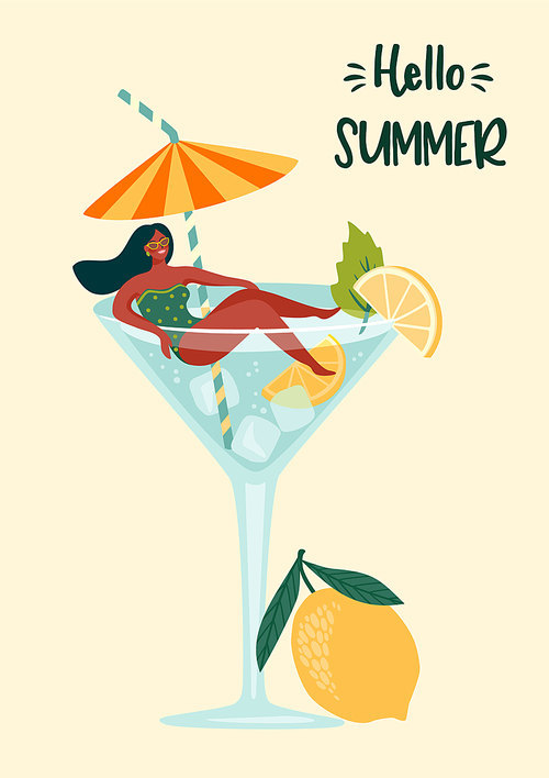 Vector illustration of woman in swimsuit in a glass with a cocktail. Summer holliday, vacation, travel. Design element for summer concept and other use.