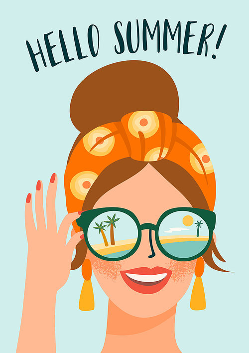 Vector illustration of cute lady in glasses on tropical beach. Summer holliday, vacation, travel. Design element for summer concept and other use.