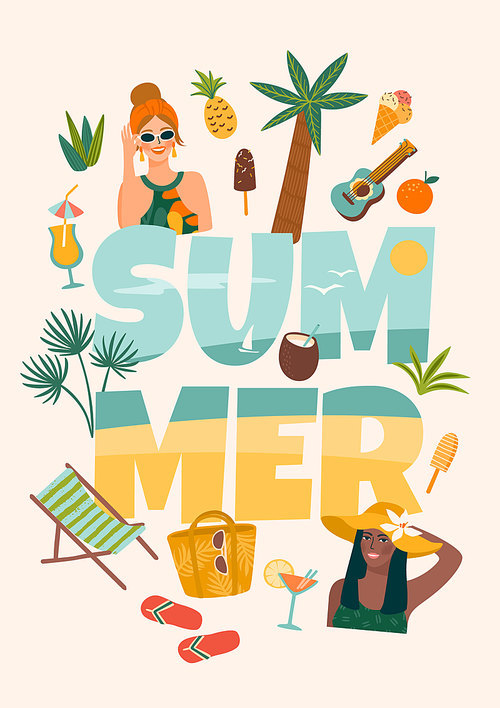 Vector illustration with women in swimsuit on tropical beach. Summer holliday, vacation, travel. Design element for summer concept and other use.