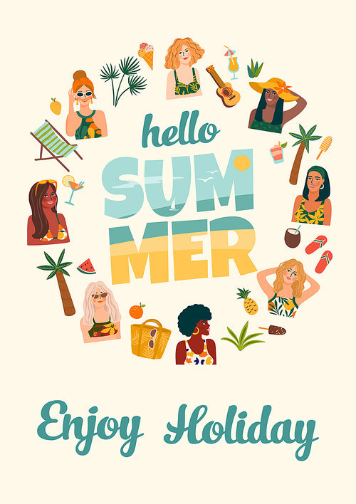 Summer illustration with cute women. Summer holliday, vacation, travel. Vector template for card, poster, flyer, banner and other use