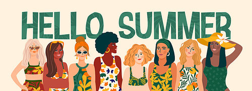 Vector illustration of women in bright swimsuit. Young girls with different skin colors. Design for summer concept and other use.