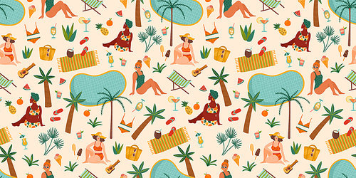 Vector seamless pattern with women in swimsuit on tropical beach. Summer holliday, vacation, travel. Background for summer concept and other use.