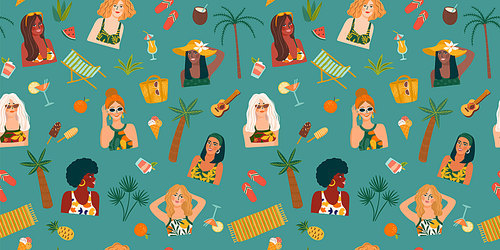 Vector seamless pattern with women in swimsuit on tropical beach. Summer holliday, vacation, travel. Background for summer concept and other use.