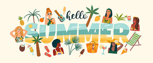 Summer illustration with cute women. Summer holliday, vacation, travel. Vector template for card, poster, flyer, banner and other use