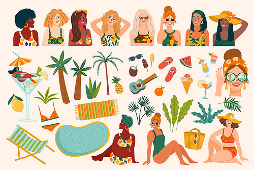 Vector set of summer illustrations. Cute women, tropical beach, holliday, vacation, travel. Design elements for card, poster, flyer, banner and other use