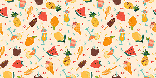 Vector seamless pattern with summer cocktails, ice cream and fruits. Summer holliday, vacation, travel. Background for summer concept and other use.