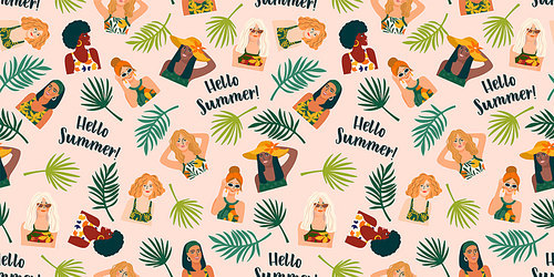 Vector seamless pattern with women in swimsuit and tropical plants. Summer holliday, vacation, travel. Background for summer concept and other use.