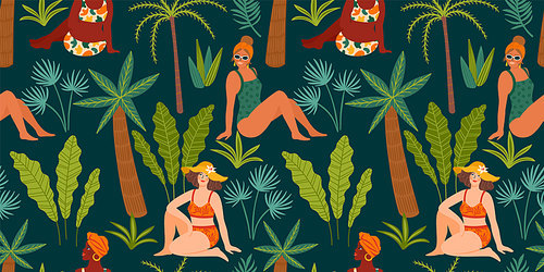 Vector seamless pattern with women in swimsuit and tropical plants. Summer holliday, vacation, travel. Background for summer concept and other use.