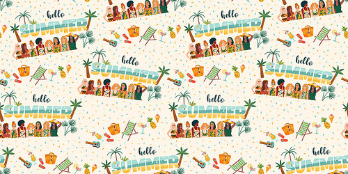 Vector seamless pattern with women in swimsuit on tropical beach. Summer holliday, vacation, travel. Background for summer concept and other use.