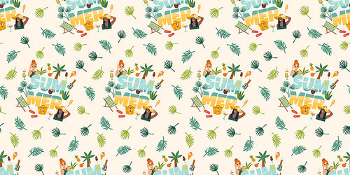 Vector seamless pattern with women in swimsuit on tropical beach. Summer holliday, vacation, travel. Background for summer concept and other use.