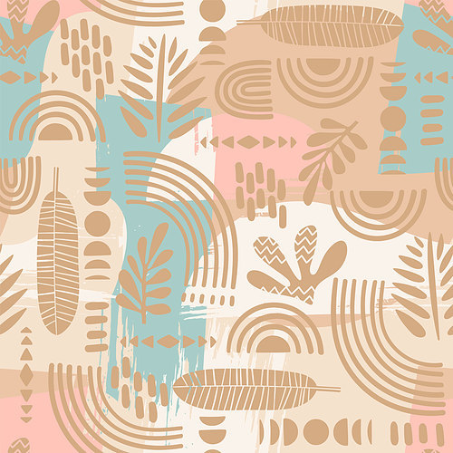 Artistic seamless pattern with abstract leaves and geometric shapes. Modern design for paper, cover, fabric, interior decor and other users.