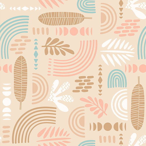 Artistic seamless pattern with abstract leaves and geometric shapes. Modern design for paper, cover, fabric, interior decor and other users.