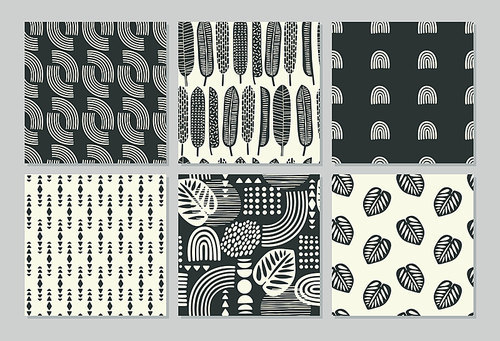 Artistic seamless patterns with abstract leaves and geometric shapes. Modern vector design for paper, cover, fabric, interior decor and other users.
