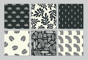 Artistic seamless patterns with abstract leaves and geometric shapes. Modern vector design for paper, cover, fabric, interior decor and other users.
