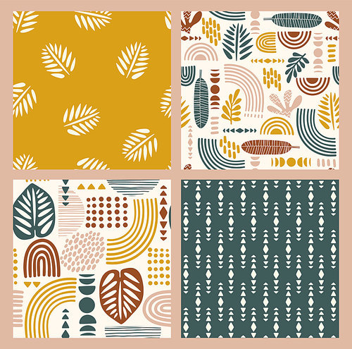 Artistic seamless patterns with abstract leaves and geometric shapes. Modern vector design for paper, cover, fabric, interior decor and other users.