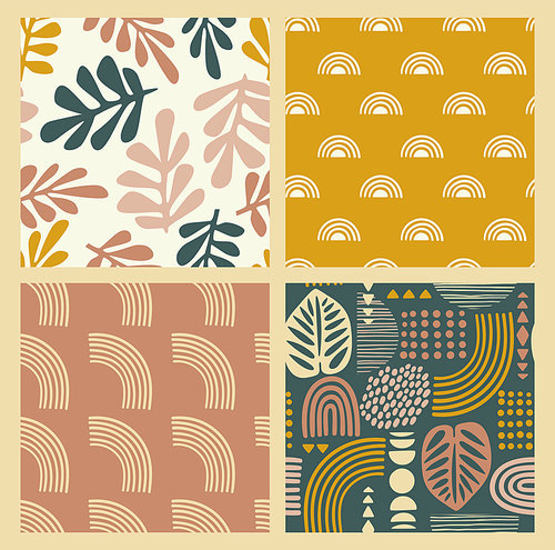 Artistic seamless patterns with abstract leaves and geometric shapes. Modern vector design for paper, cover, fabric, interior decor and other users.