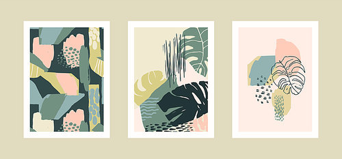 Collection of art prints with abstract tropical leaves. Modern design for posters, covers, cards, interior decor and other users. Proportion A4.