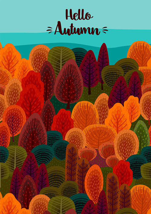 Autumn design with autumn forest. Vector for card, poster, flyer, cover and other use. Trendy retro style.